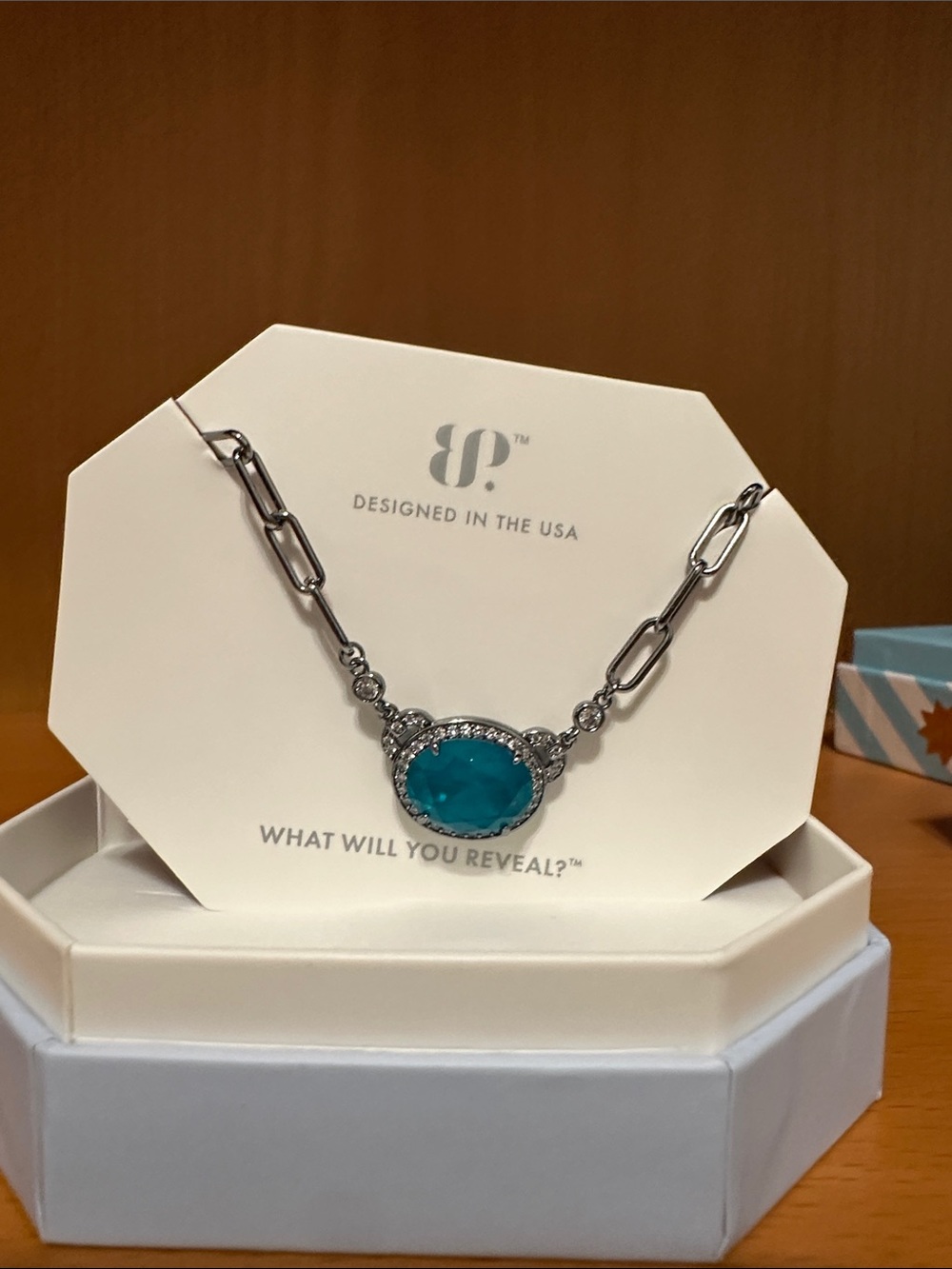 BP Aqua Blue Oval Pendant Necklace in hematite